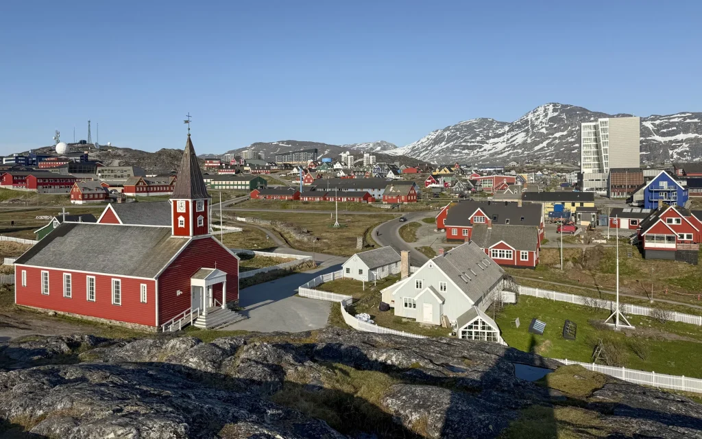 Nuuk Cathedral and contemporary buildings across the city