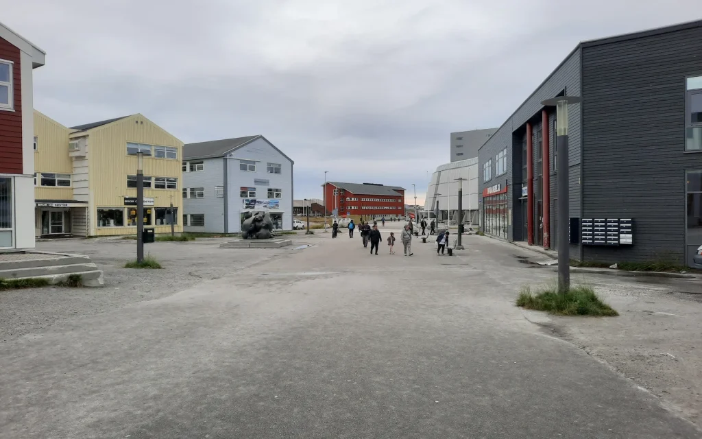 Imaneq pedestrian street and contemporary civic buildings in central Nuuk